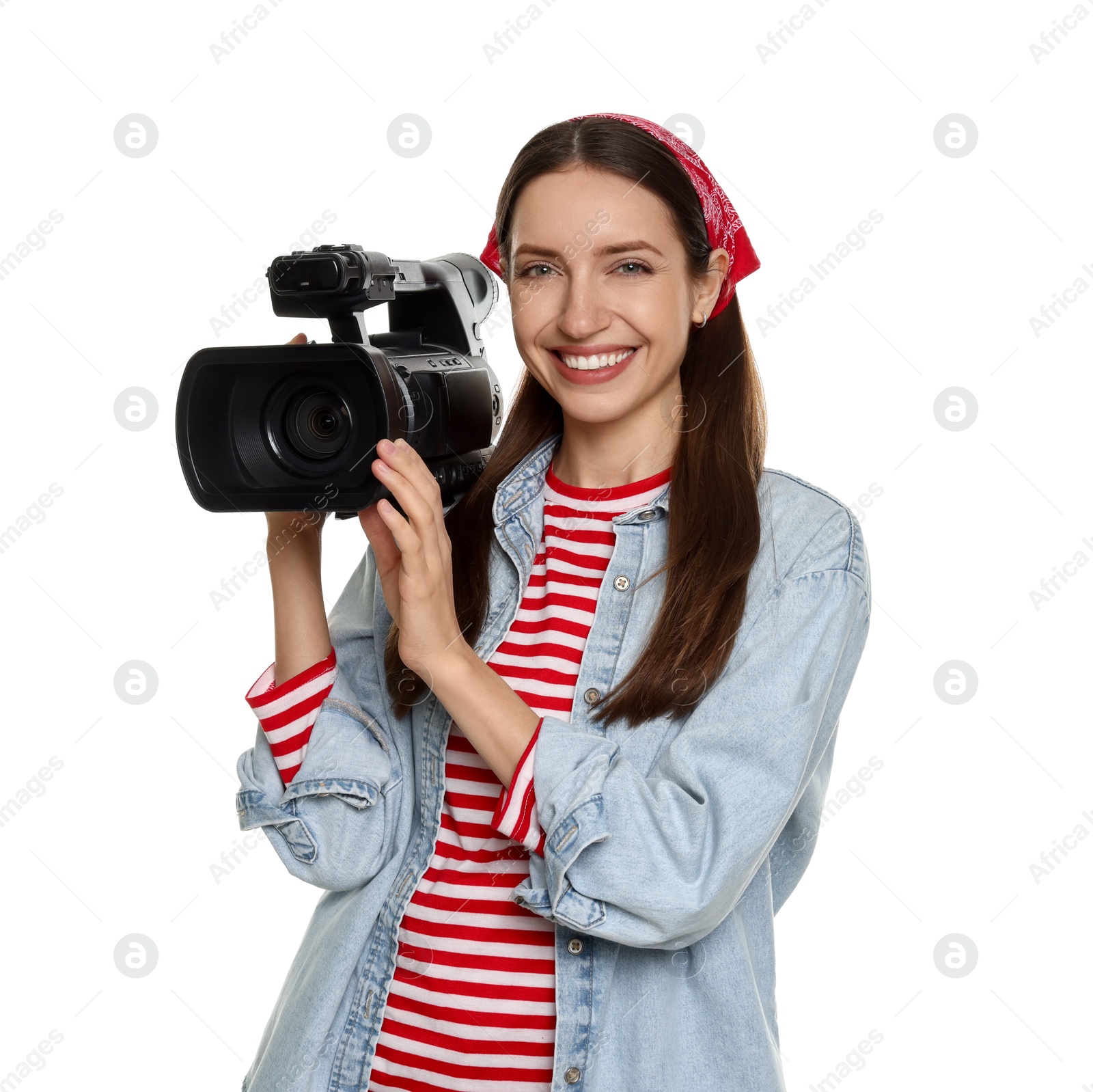 Photo of Happy woman with professional video camera on white background