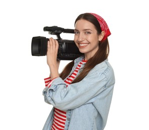 Photo of Happy woman with professional video camera on white background