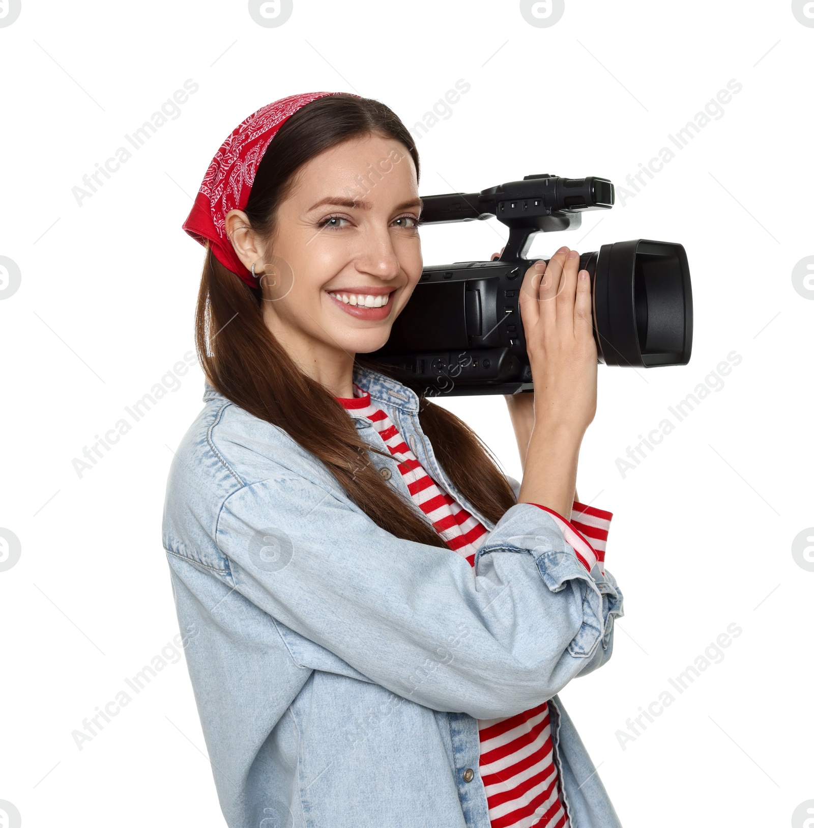 Photo of Happy woman with professional video camera on white background