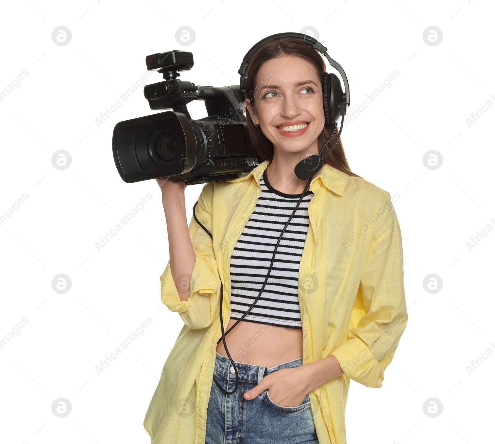 Photo of Happy woman with professional video camera and headset on white background