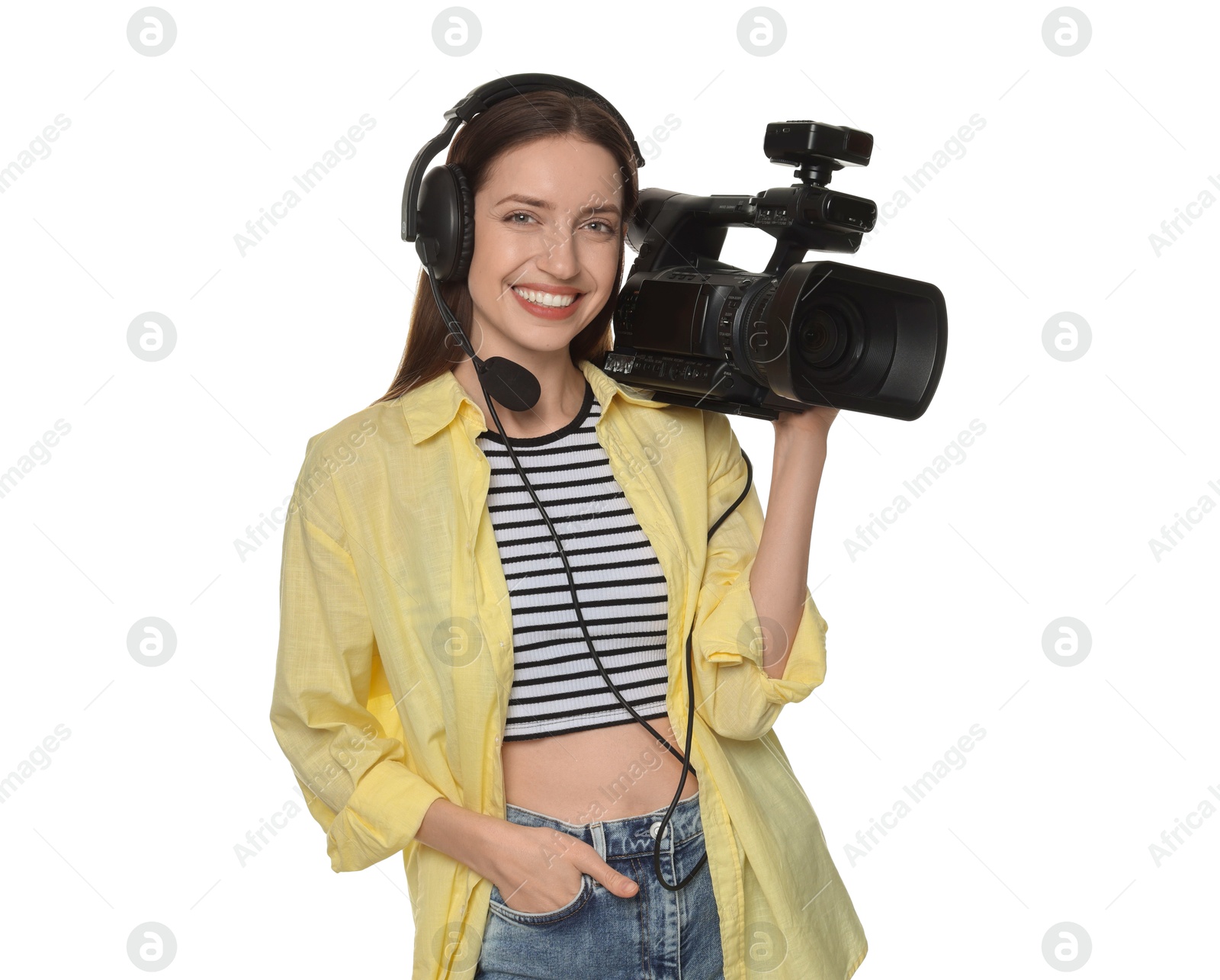 Photo of Happy woman with professional video camera and headset on white background