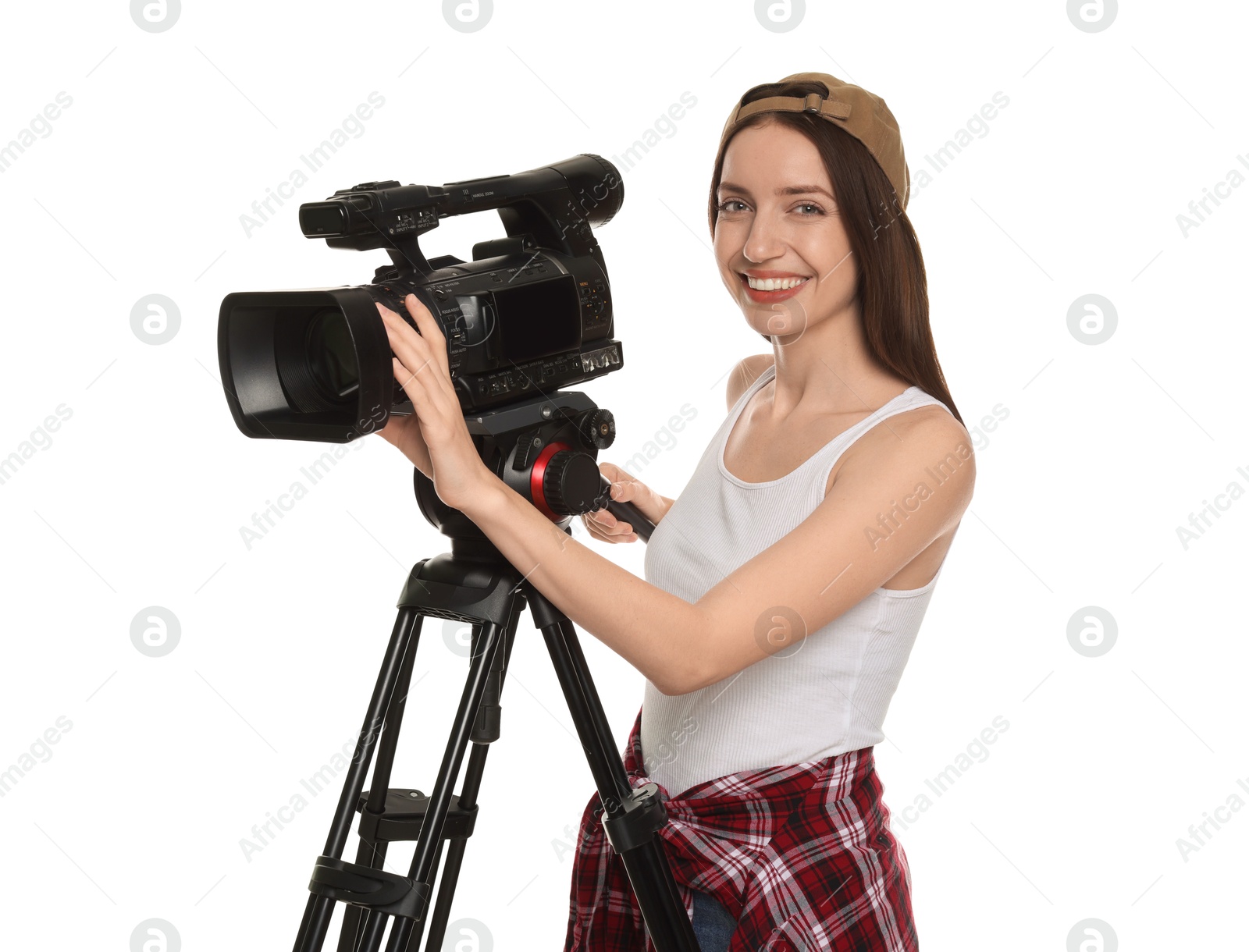 Photo of Happy woman with professional video camera on white background