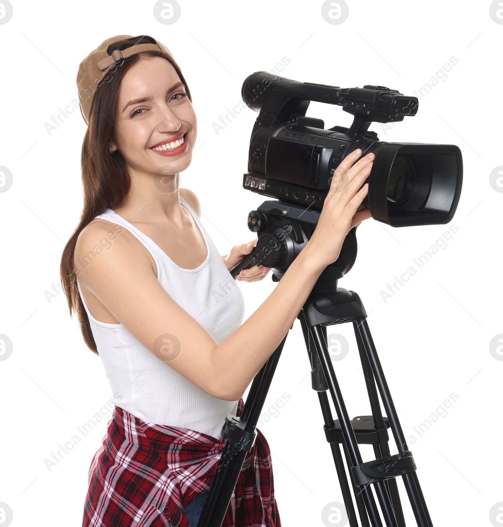 Photo of Happy woman with professional video camera on white background