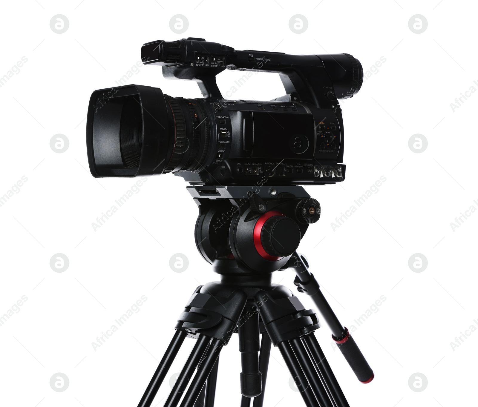 Photo of Modern video camera with tripod isolated on white