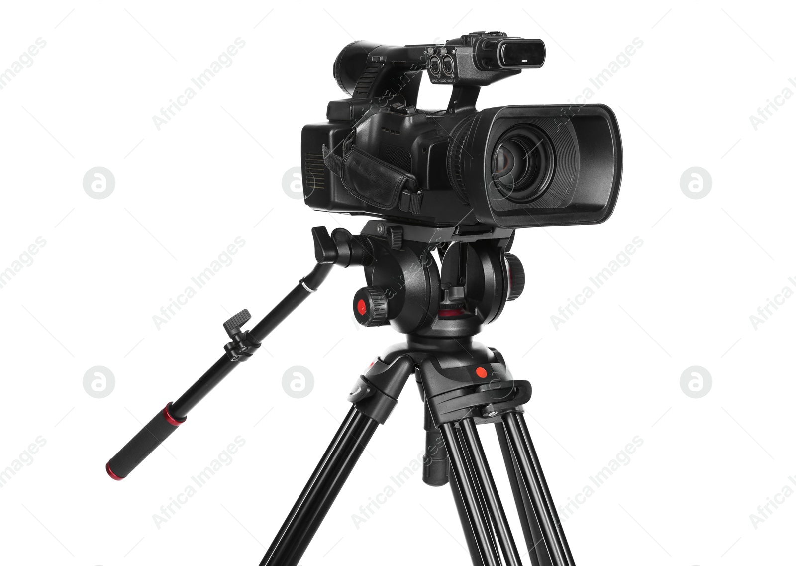 Photo of Modern video camera with tripod isolated on white