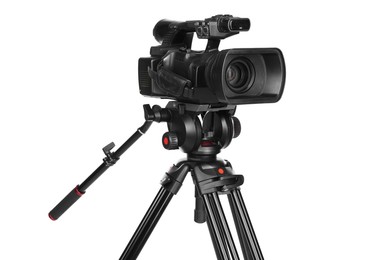 Photo of Modern video camera with tripod isolated on white