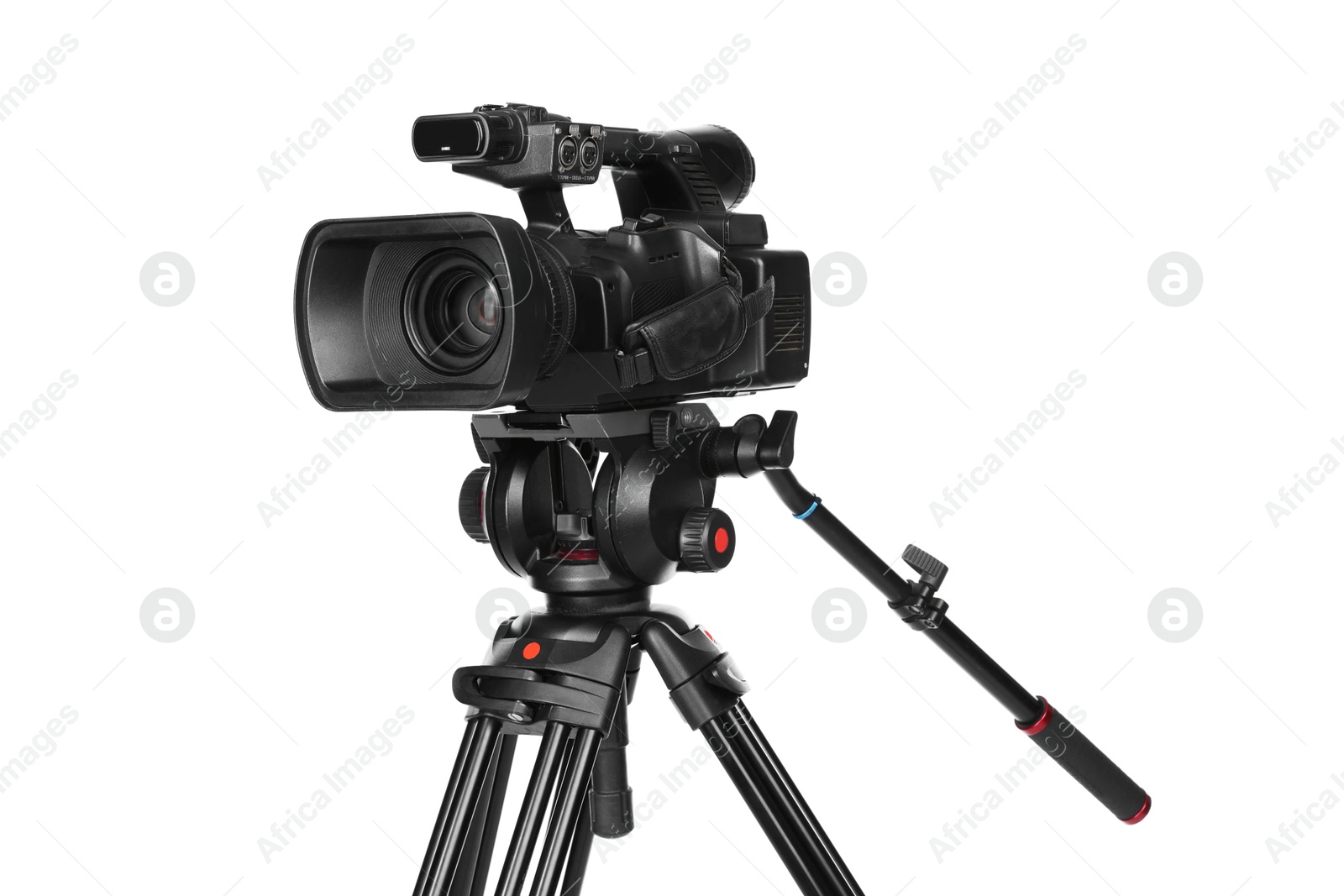 Photo of Modern video camera with tripod isolated on white