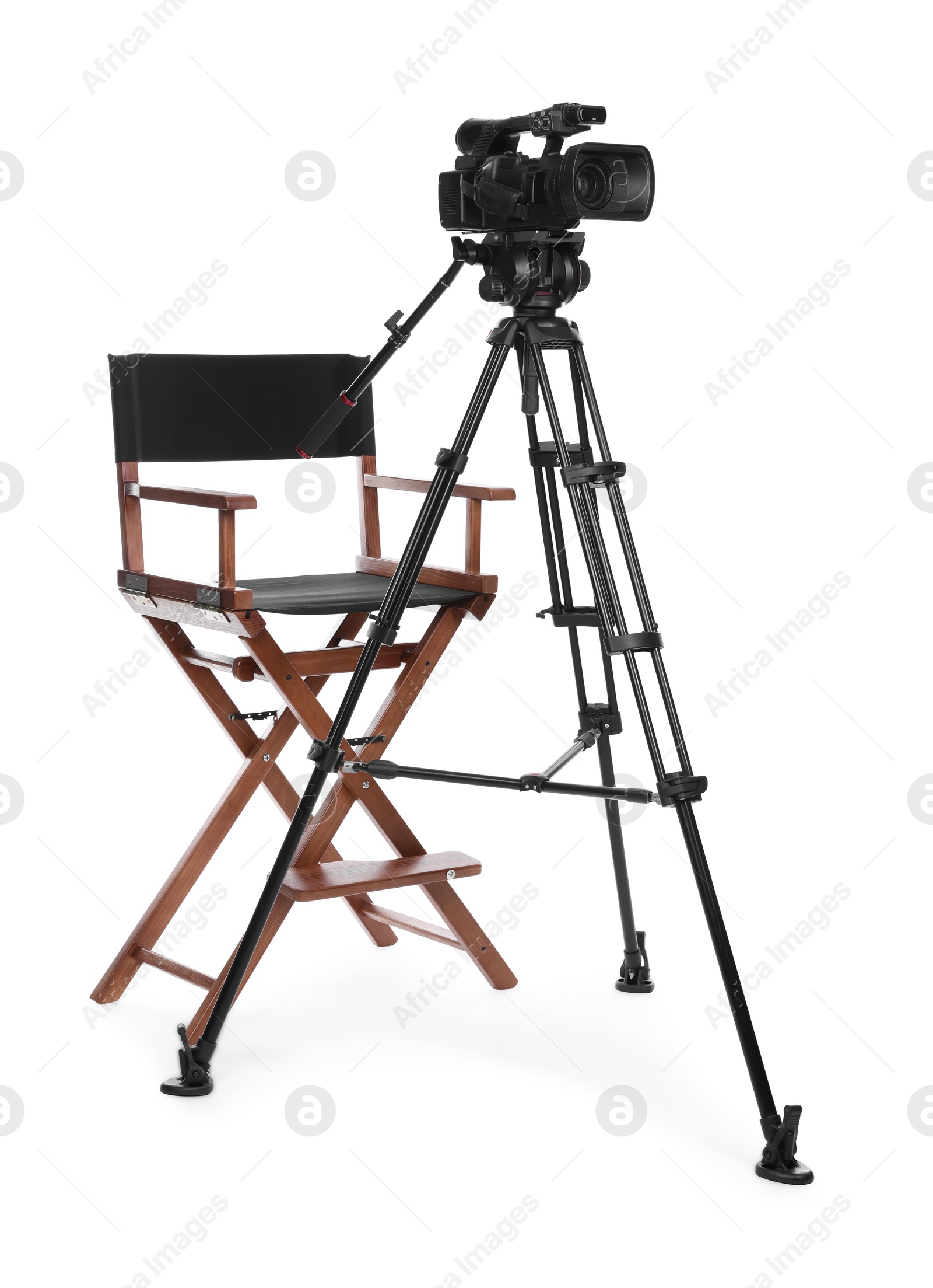 Photo of Modern video camera with tripod and chair isolated on white