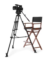 Photo of Modern video camera with tripod and chair isolated on white