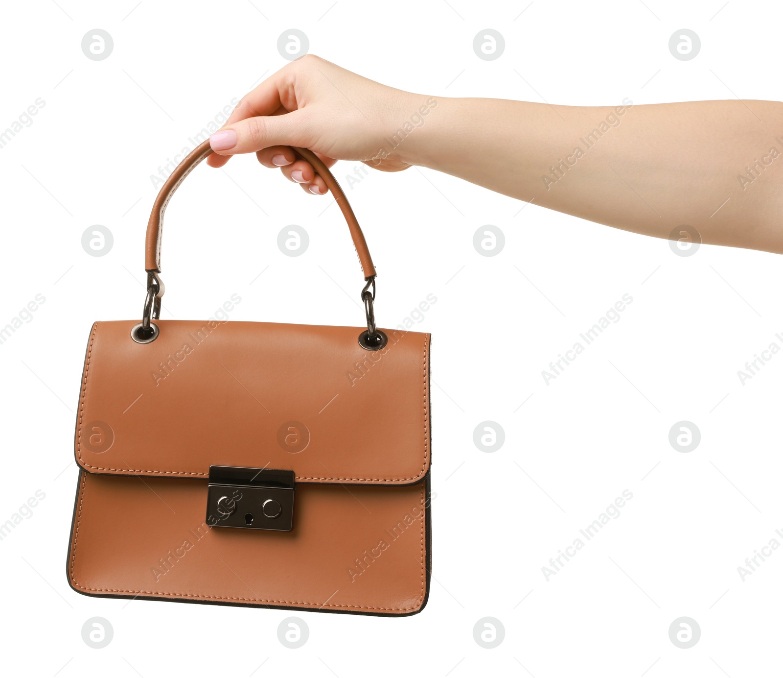 Photo of Woman with beautiful handbag on white background, closeup. Stylish accessory