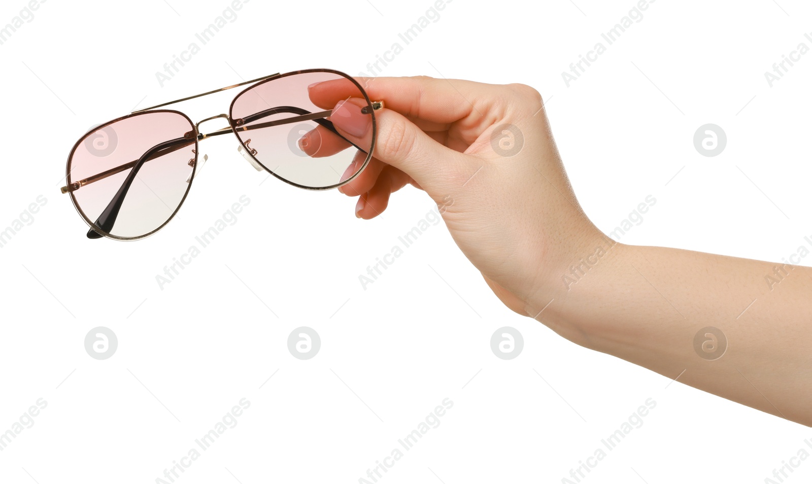 Photo of Woman with beautiful sunglasses on white background, closeup. Stylish accessory