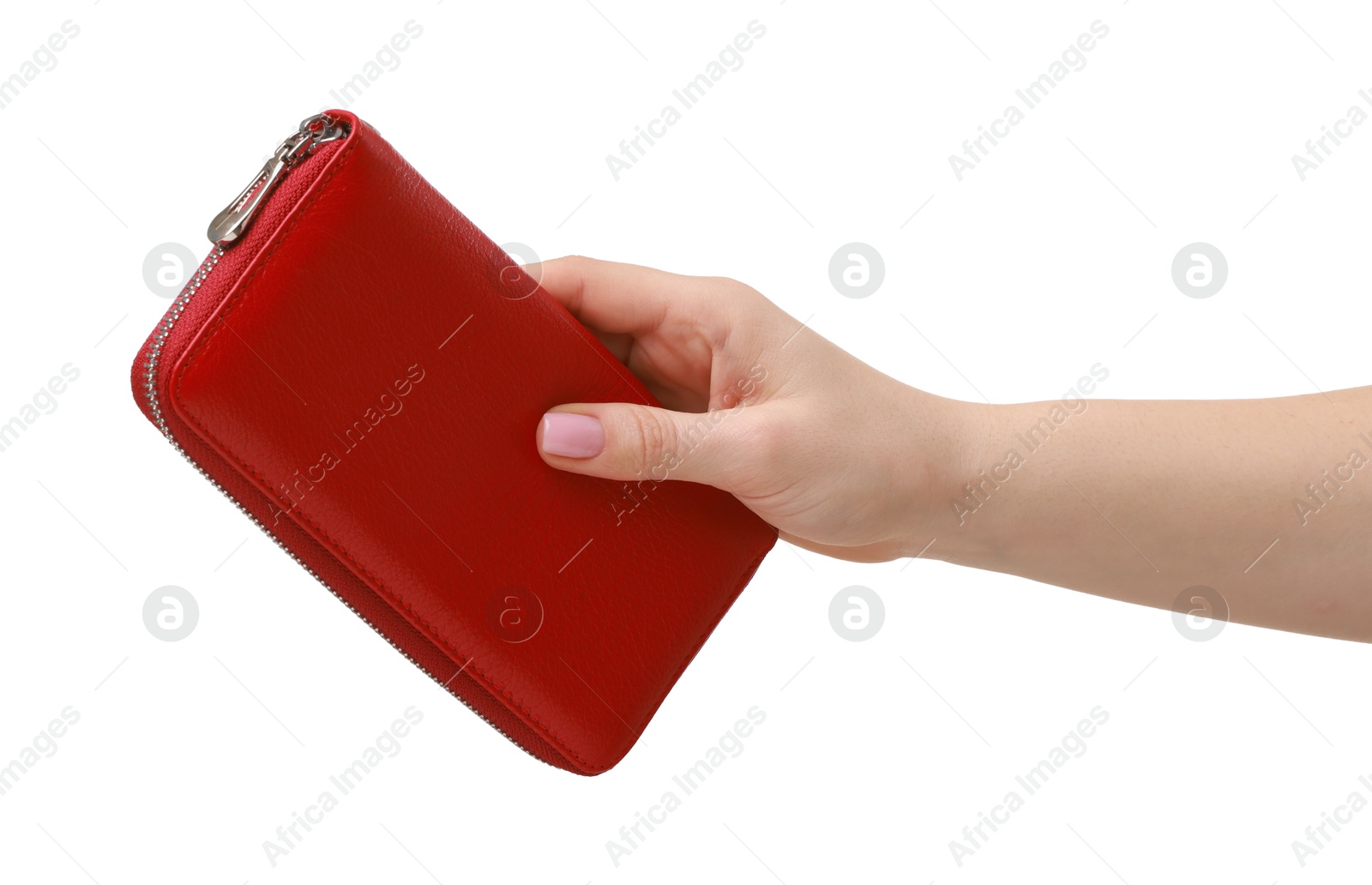 Photo of Woman with beautiful wallet on white background, closeup. Stylish accessory