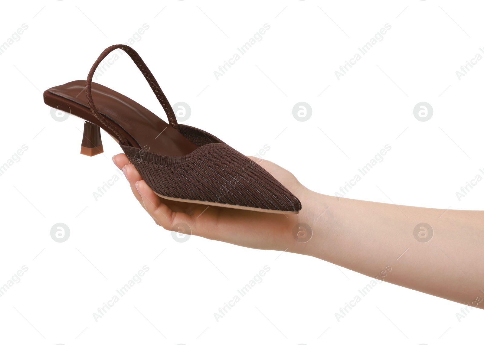 Photo of Woman with beautiful brown shoe on white background, closeup