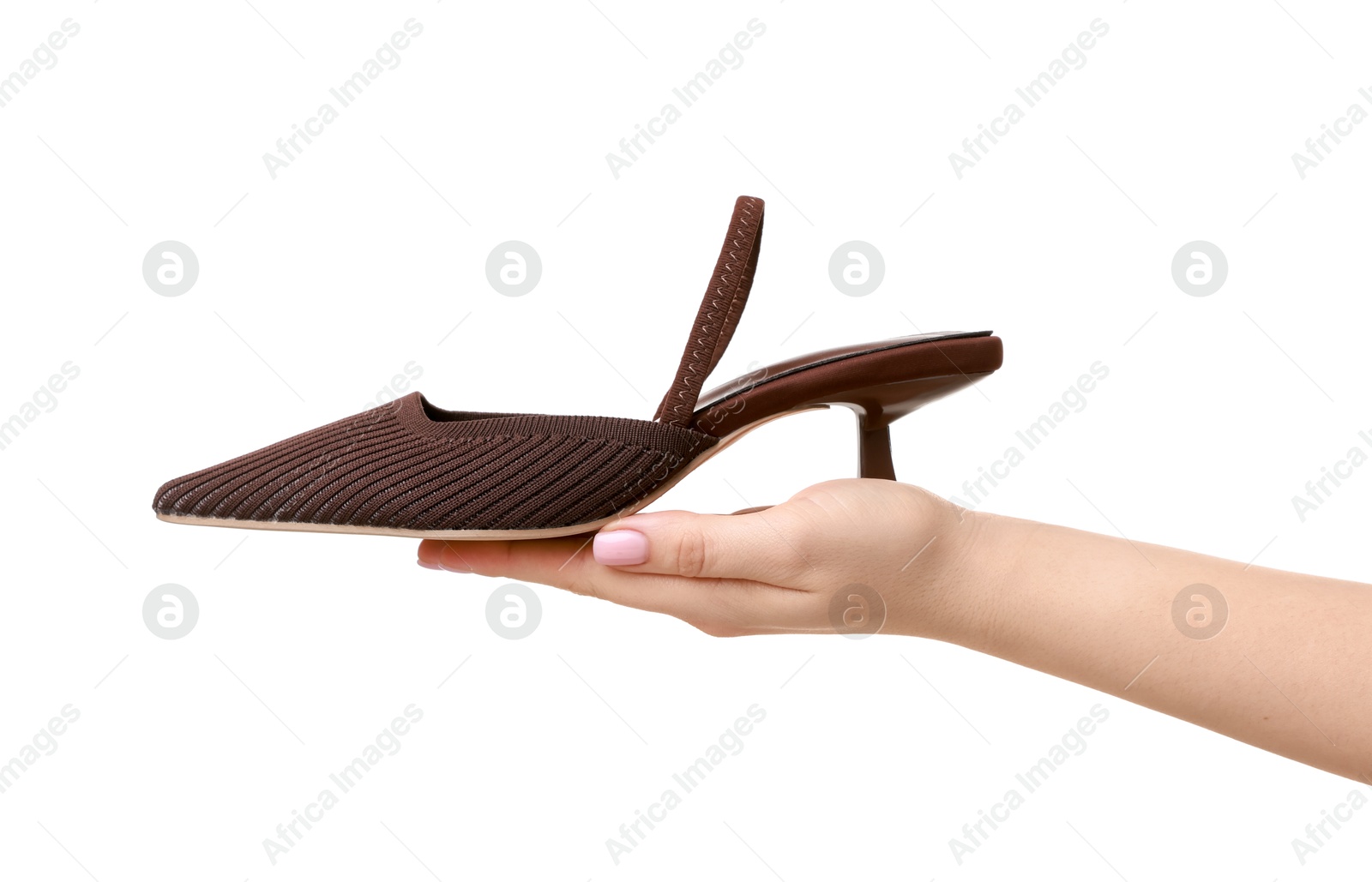 Photo of Woman with beautiful brown shoe on white background, closeup