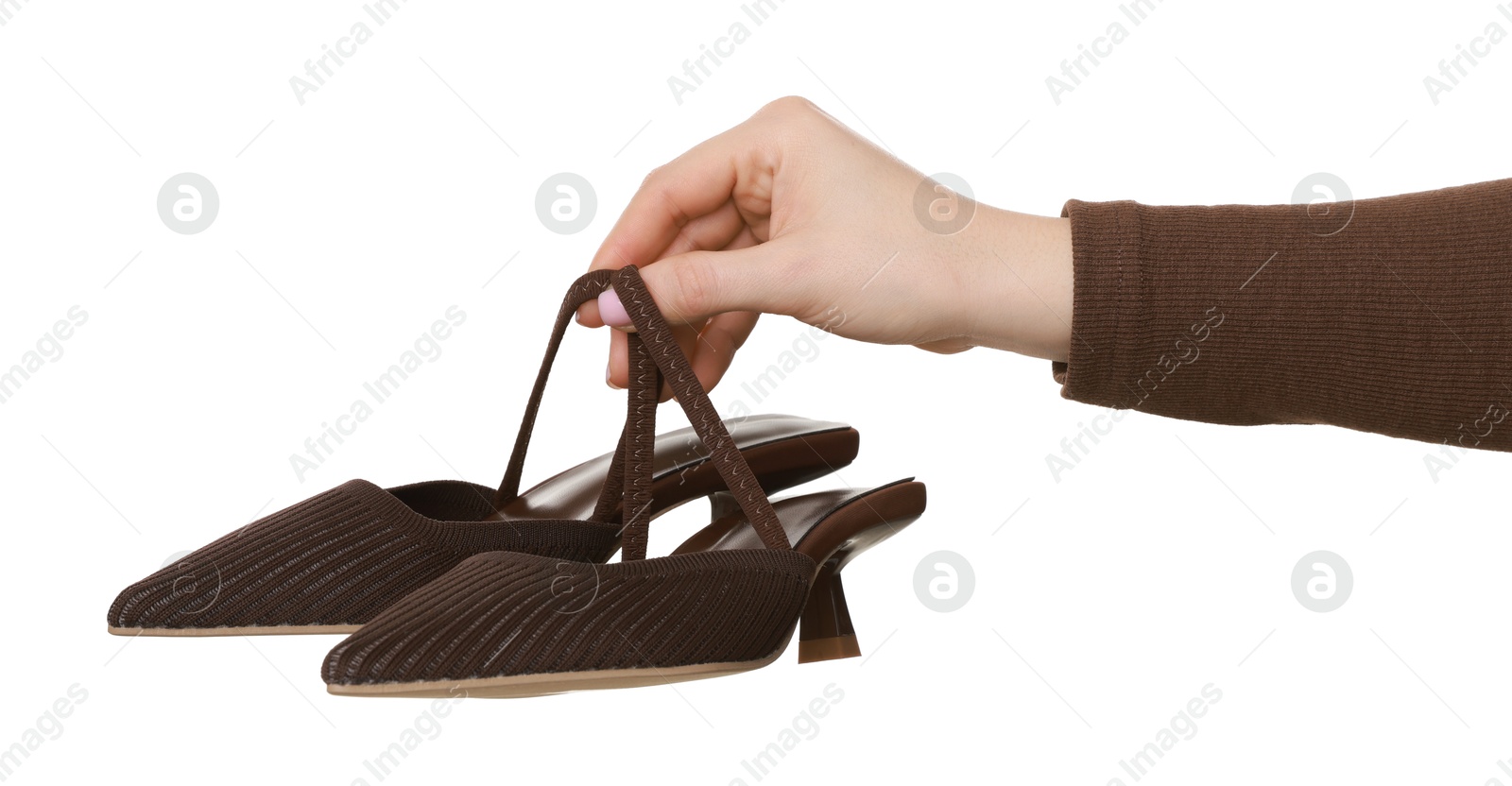 Photo of Woman with beautiful brown shoes on white background, closeup