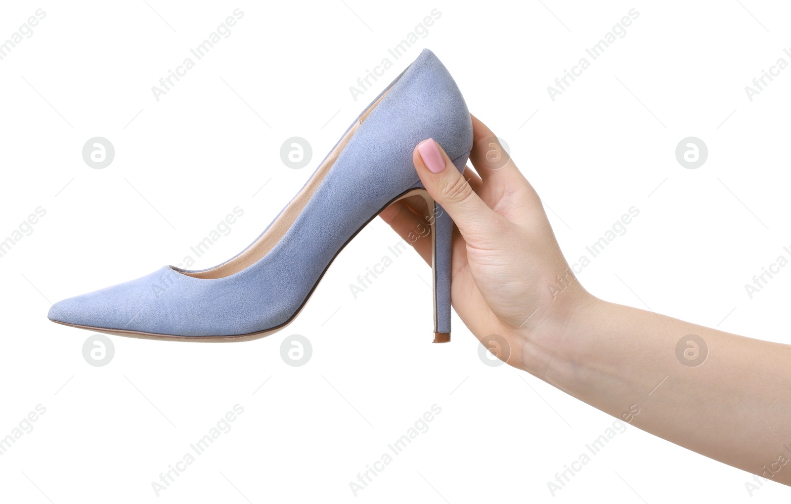 Photo of Woman with beautiful blue shoe on white background, closeup