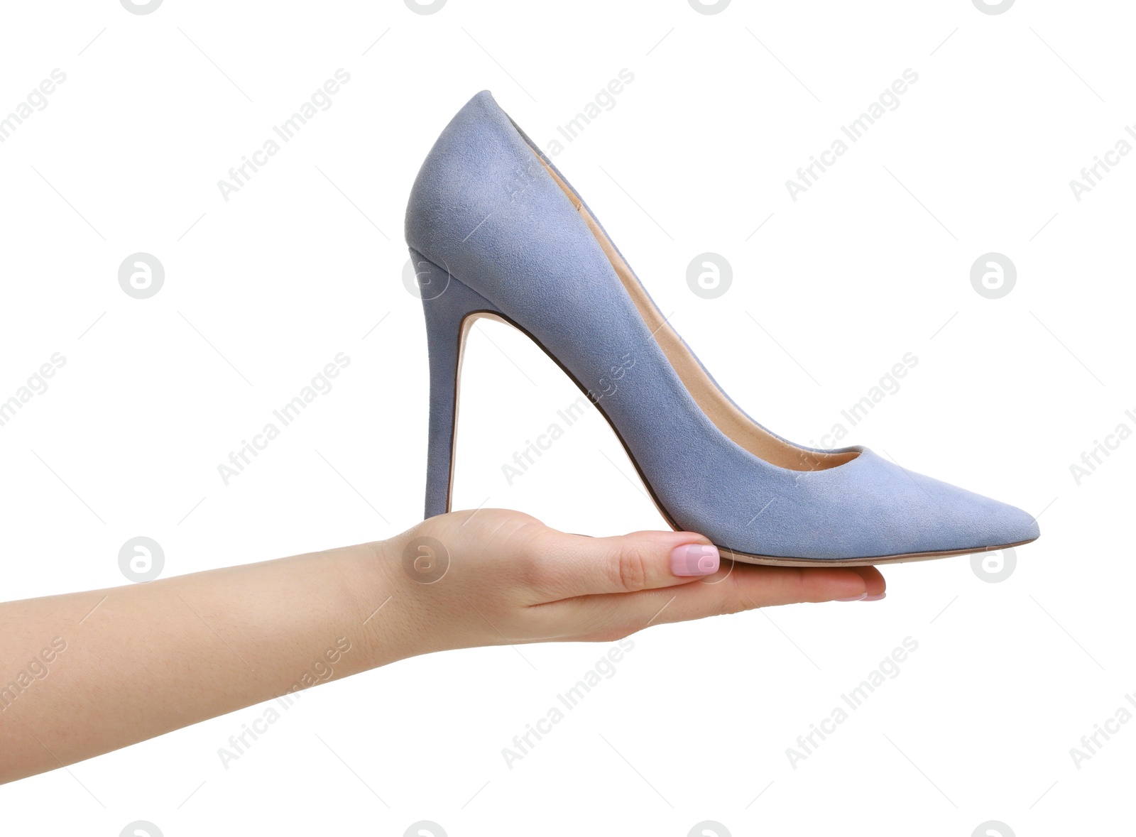 Photo of Woman with beautiful blue shoe on white background, closeup