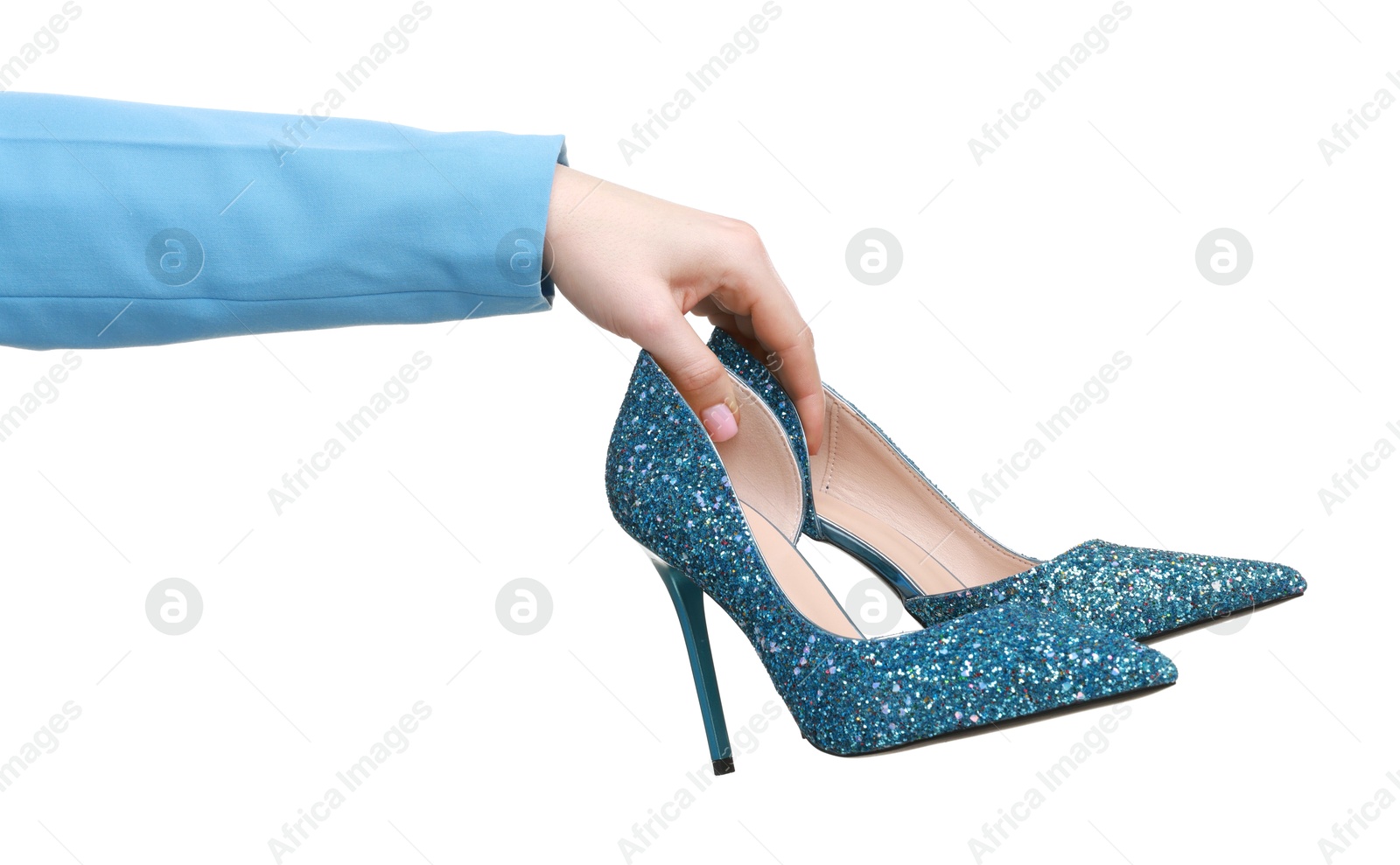 Photo of Woman with beautiful blue shoes on white background, closeup