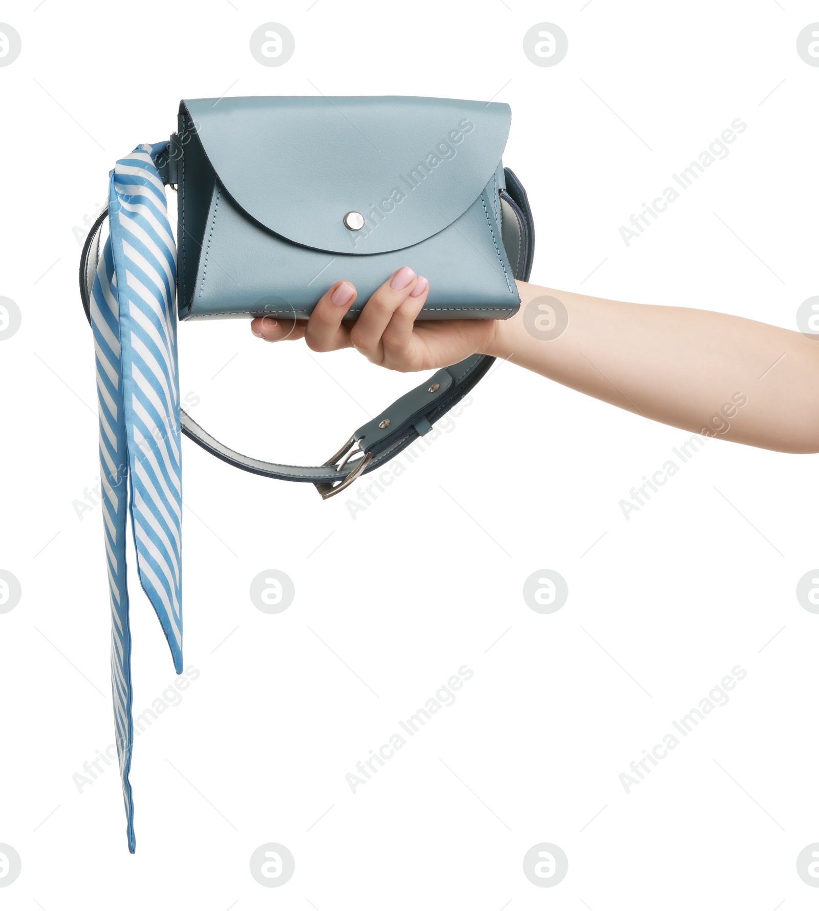 Photo of Woman with beautiful handbag on white background, closeup. Stylish accessory