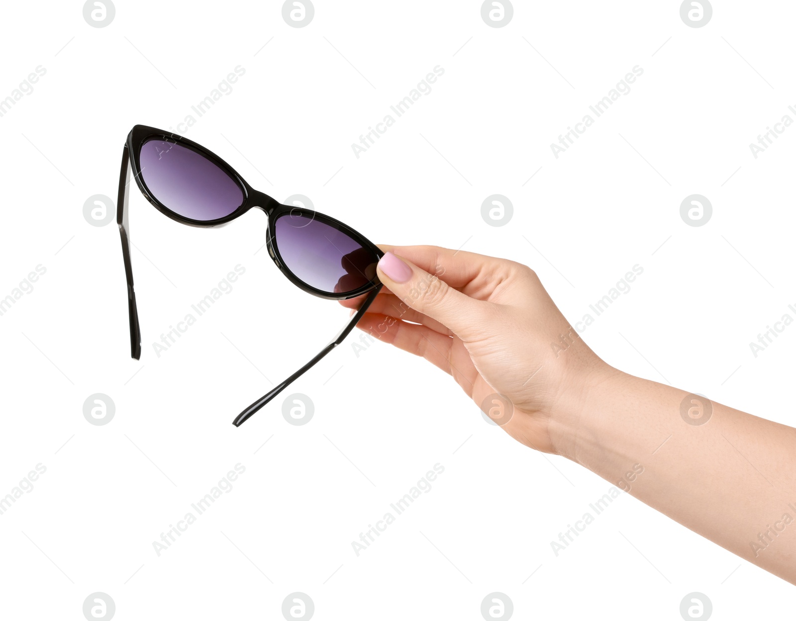 Photo of Woman with beautiful sunglasses on white background, closeup. Stylish accessory