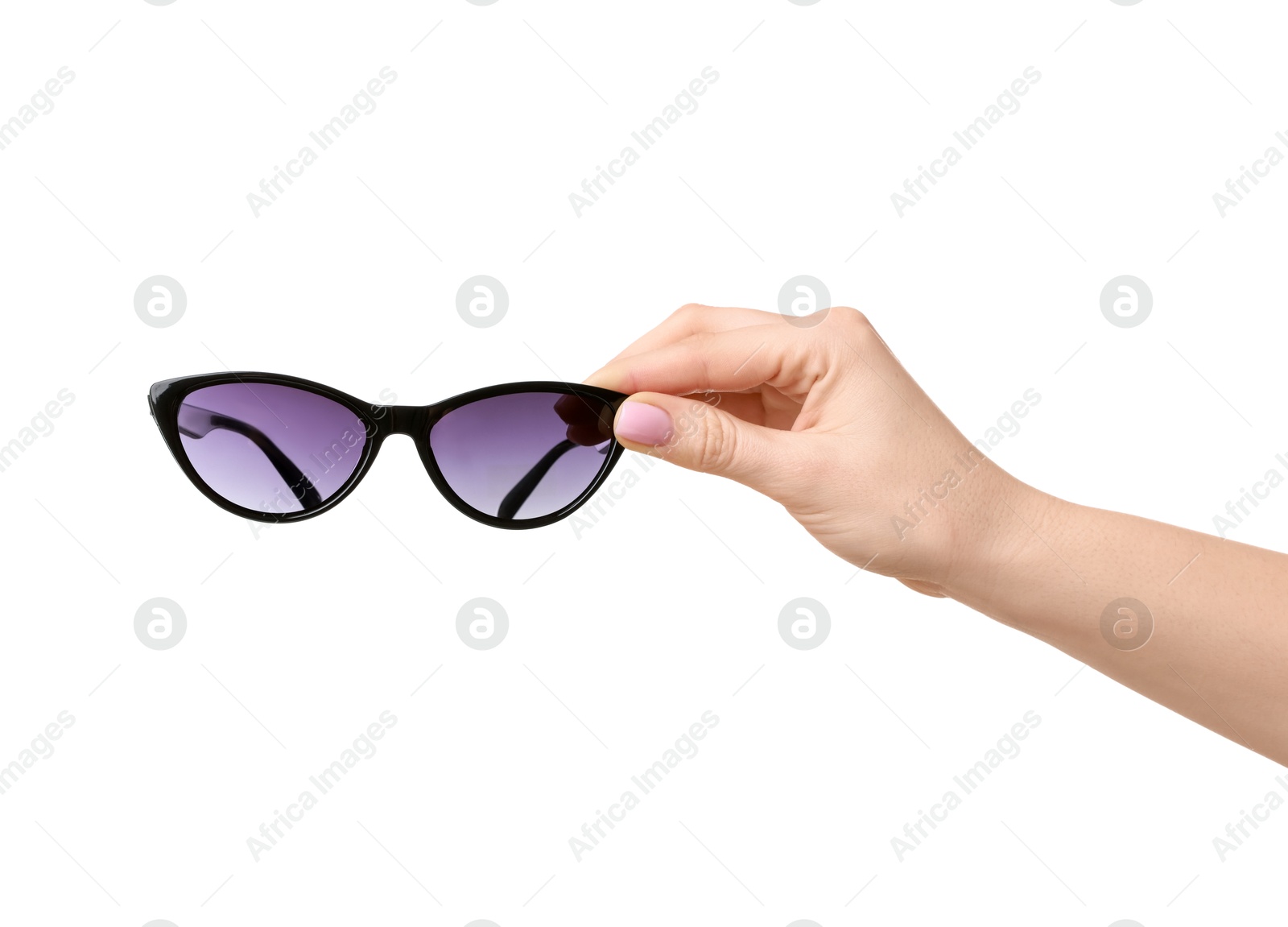 Photo of Woman with beautiful sunglasses on white background, closeup. Stylish accessory