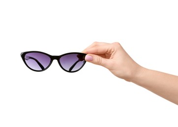 Photo of Woman with beautiful sunglasses on white background, closeup. Stylish accessory