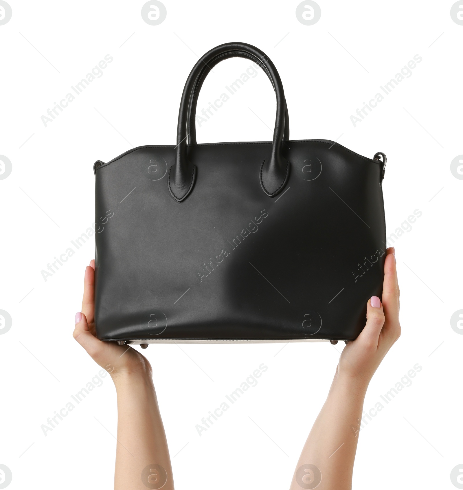 Photo of Woman with beautiful handbag on white background, closeup. Stylish accessory