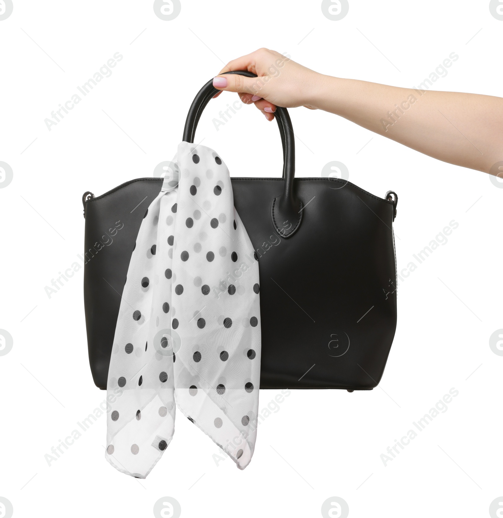 Photo of Woman with beautiful handbag on white background, closeup. Stylish accessory