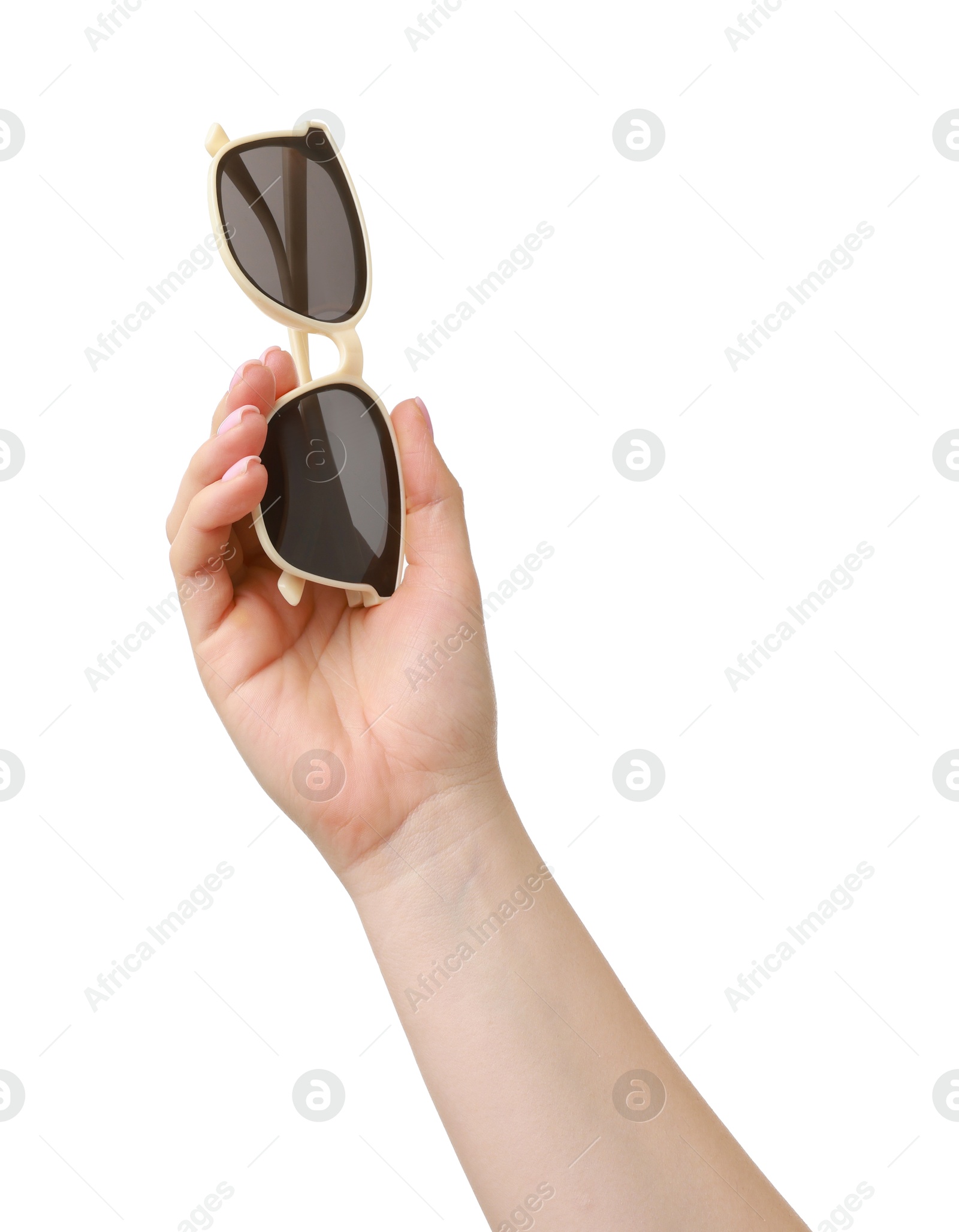 Photo of Woman with beautiful sunglasses on white background, closeup. Stylish accessory