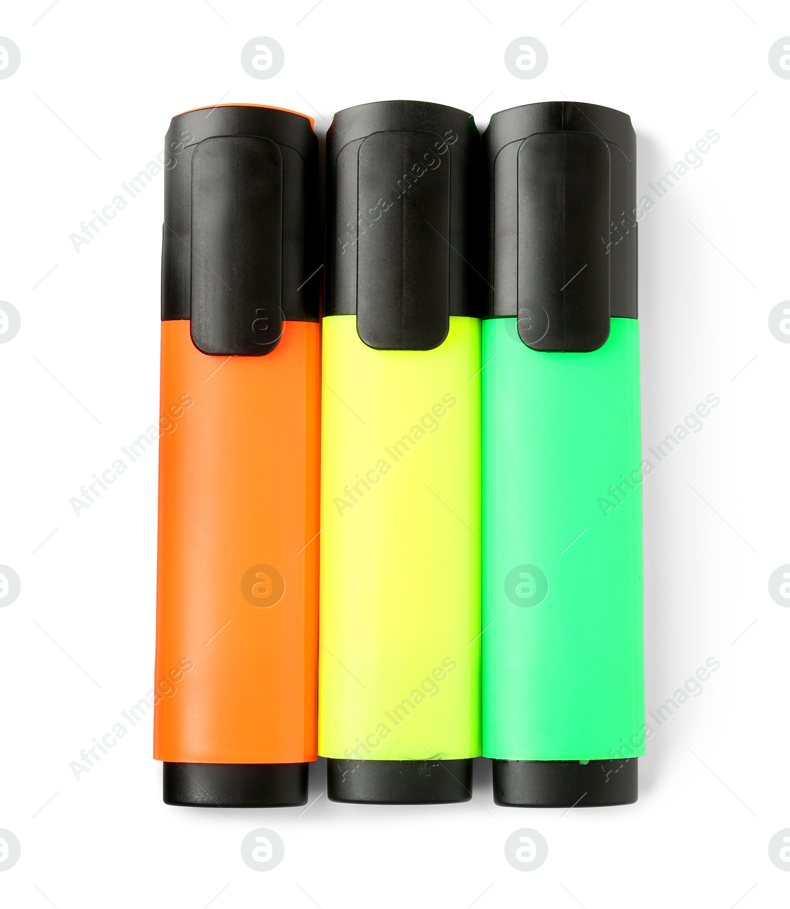 Photo of Bright highlighters isolated on white, top view