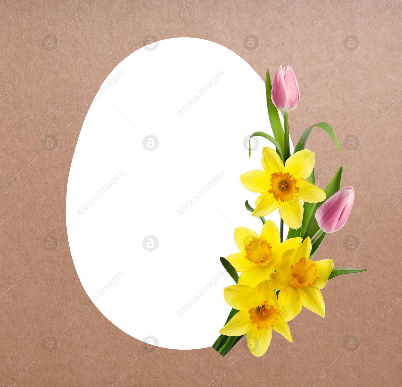 Image of Happy Easter greeting card. Egg-shaped outline with beautiful spring flowers on brown background