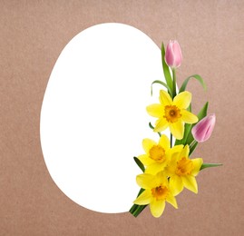 Image of Happy Easter greeting card. Egg-shaped outline with beautiful spring flowers on brown background