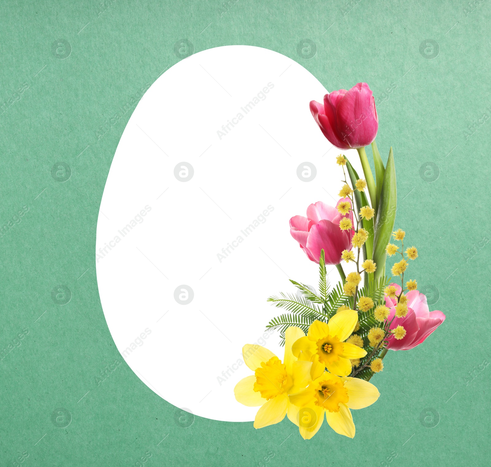 Image of Happy Easter greeting card. Egg-shaped outline with beautiful spring flowers on light green background