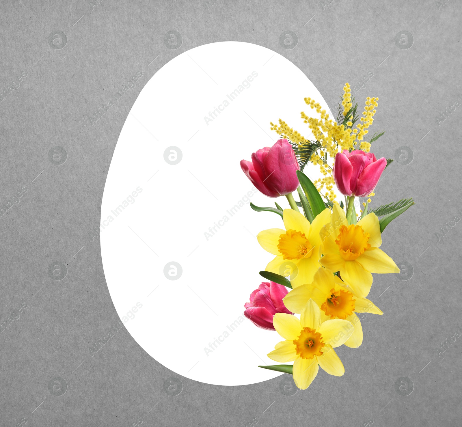 Image of Happy Easter greeting card. Egg-shaped outline with beautiful spring flowers on grey background