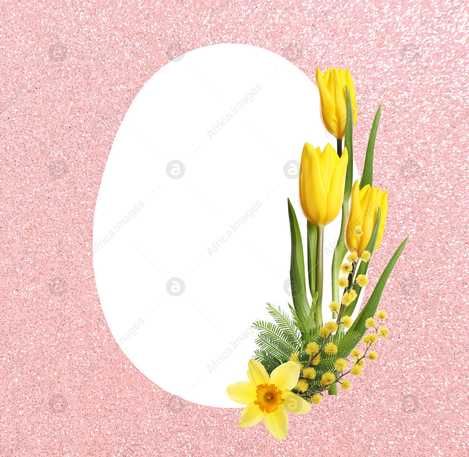 Image of Happy Easter greeting card. Egg-shaped outline with beautiful spring flowers on shiny pink background