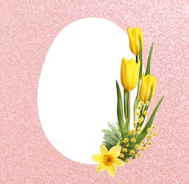 Image of Happy Easter greeting card. Egg-shaped outline with beautiful spring flowers on shiny pink background