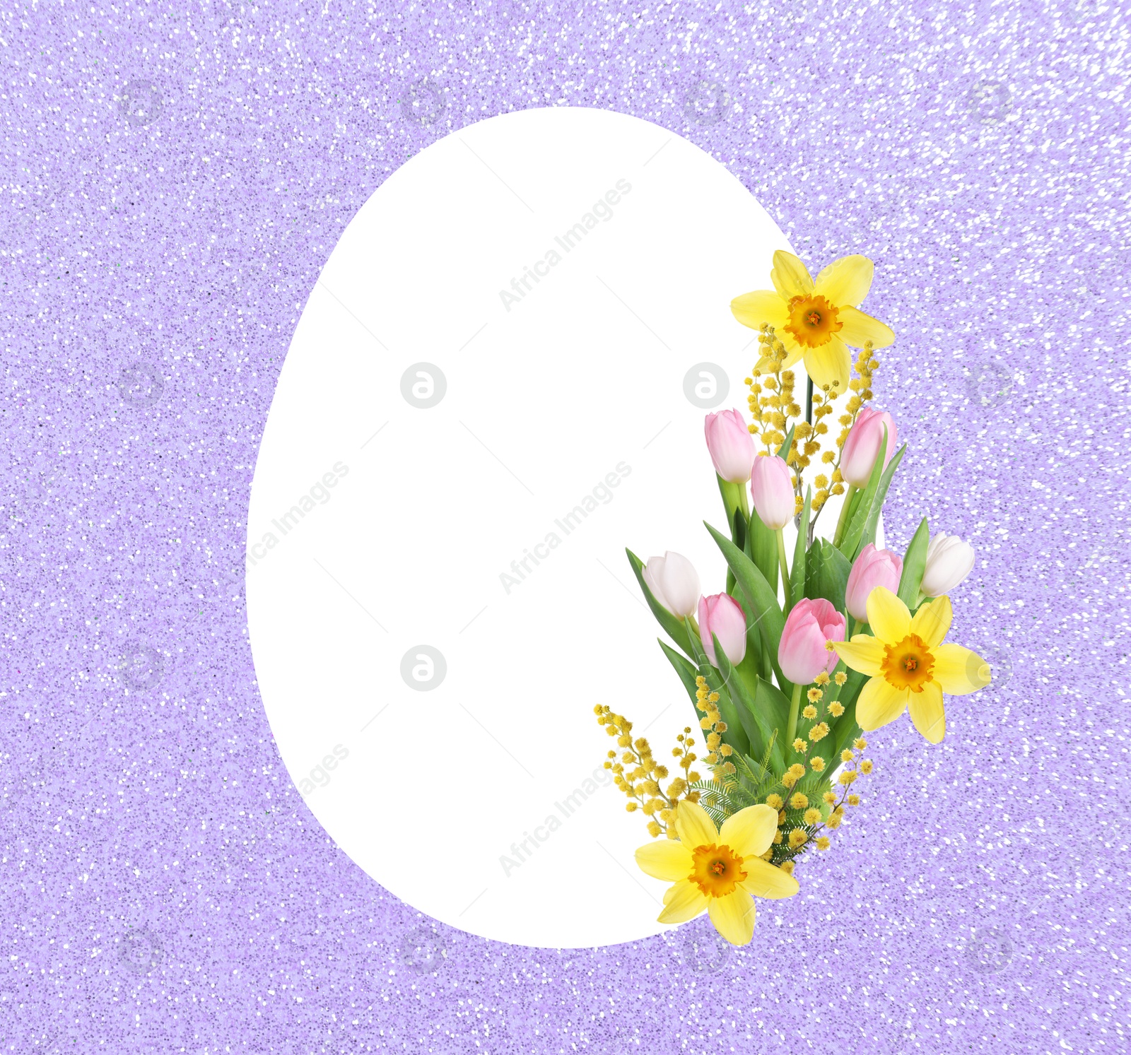 Image of Happy Easter greeting card. Egg-shaped outline with beautiful spring flowers on shiny violet background