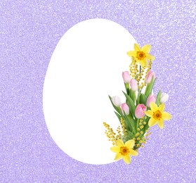 Image of Happy Easter greeting card. Egg-shaped outline with beautiful spring flowers on shiny violet background