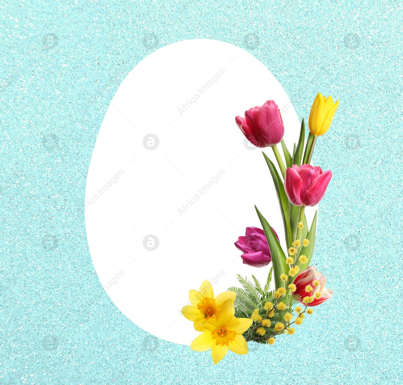 Image of Happy Easter greeting card. Egg-shaped outline with beautiful spring flowers on shiny cyan background