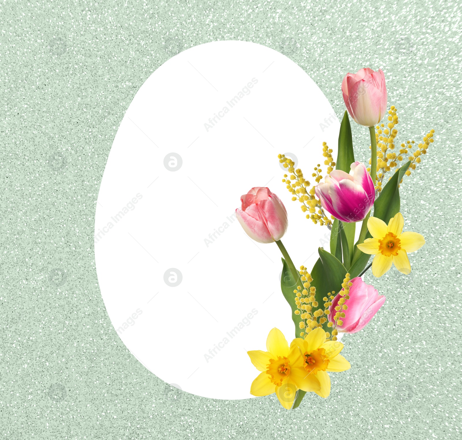 Image of Happy Easter greeting card. Egg-shaped outline with beautiful spring flowers on shiny silver background