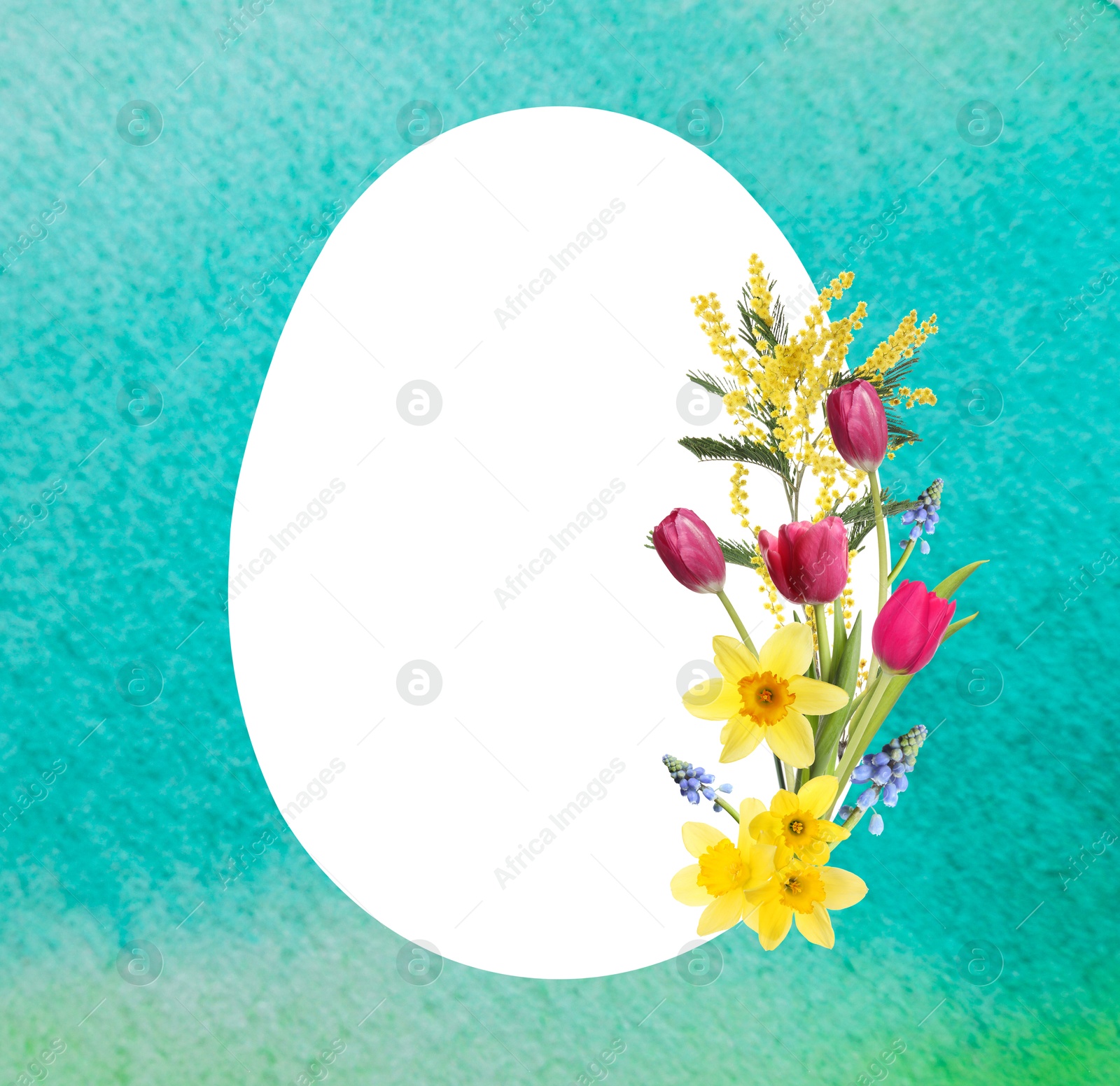 Image of Happy Easter greeting card. Egg-shaped outline with beautiful spring flowers on turquoise watercolor background