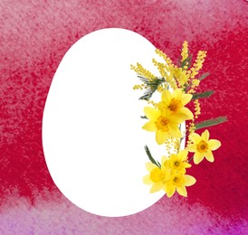 Image of Happy Easter greeting card. Egg-shaped outline with beautiful spring flowers on red watercolor background