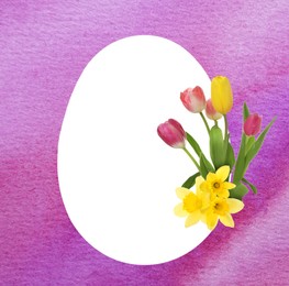 Image of Happy Easter greeting card. Egg-shaped outline with beautiful spring flowers on violet watercolor background