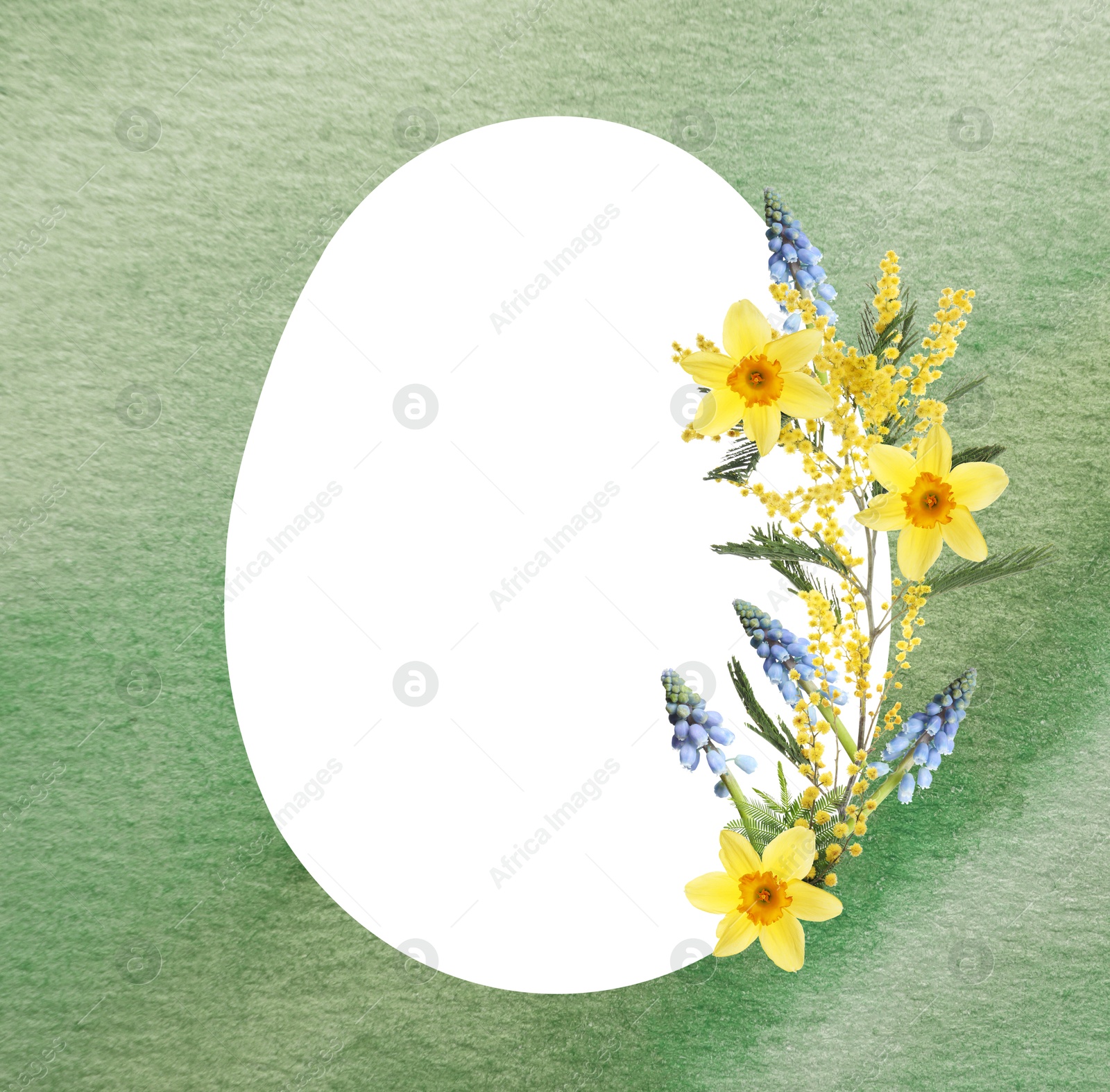 Image of Happy Easter greeting card. Egg-shaped outline with beautiful spring flowers on green watercolor background