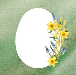 Image of Happy Easter greeting card. Egg-shaped outline with beautiful spring flowers on green watercolor background