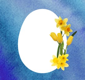 Image of Happy Easter greeting card. Egg-shaped outline with beautiful spring flowers on blue watercolor background