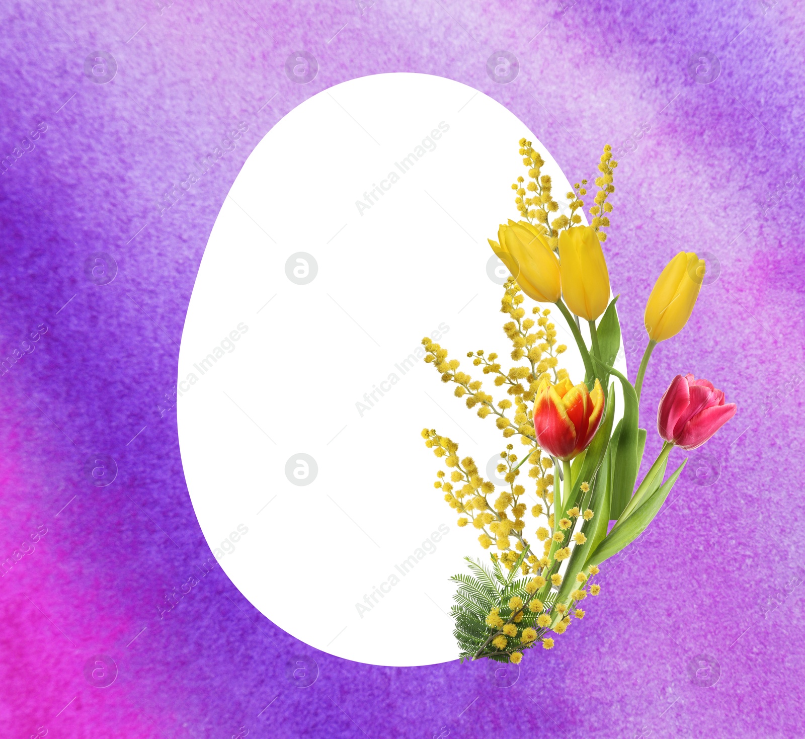 Image of Happy Easter greeting card. Egg-shaped outline with beautiful spring flowers on violet watercolor background