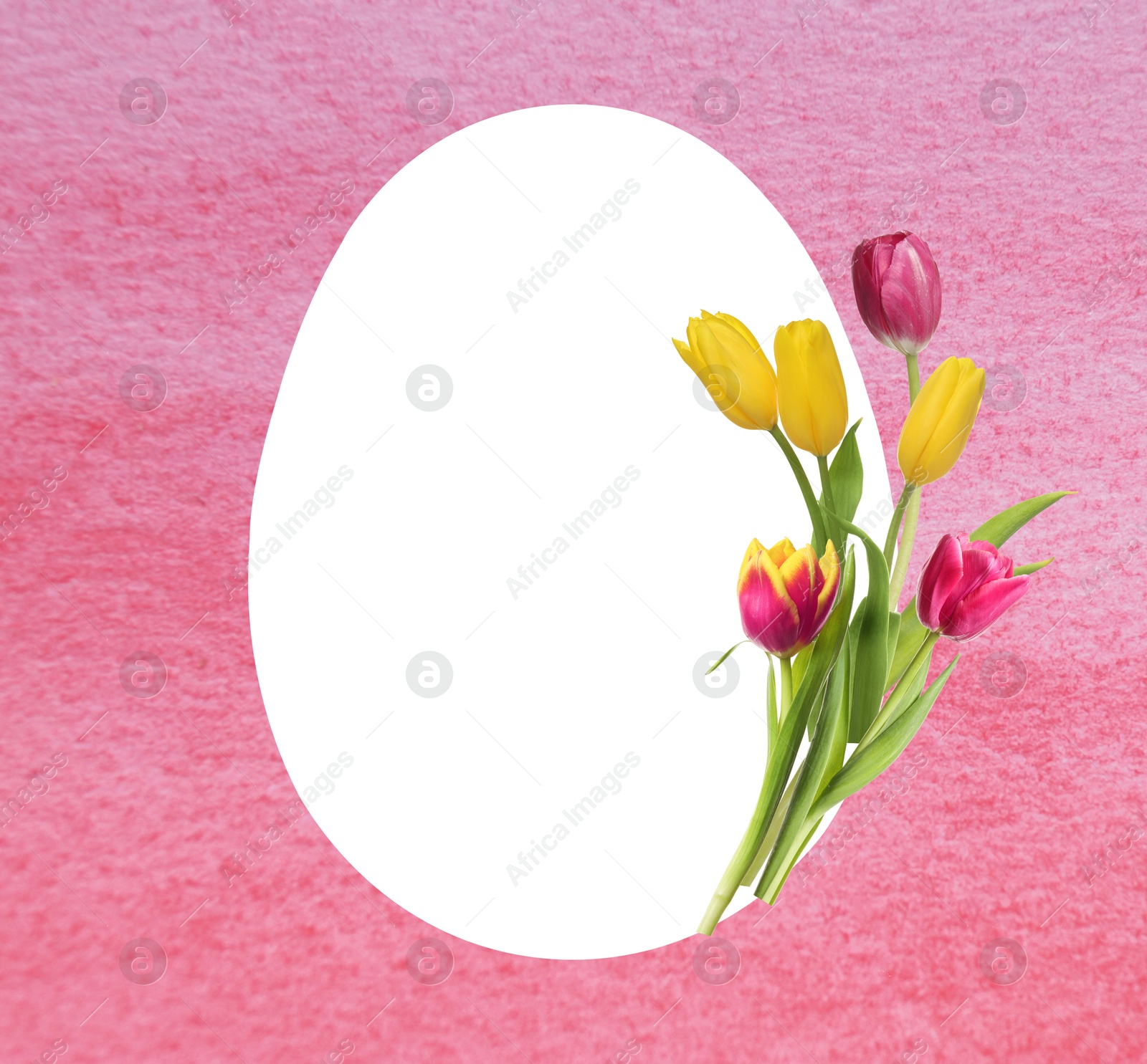 Image of Happy Easter greeting card. Egg-shaped outline with beautiful spring flowers on pink watercolor background