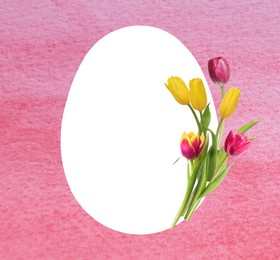 Image of Happy Easter greeting card. Egg-shaped outline with beautiful spring flowers on pink watercolor background