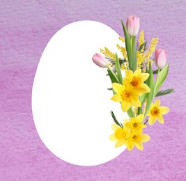 Image of Happy Easter greeting card. Egg-shaped outline with beautiful spring flowers on violet watercolor background